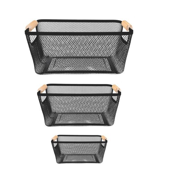 Metal Mesh Storage Basket with Wooden Handles - Set of 3 - Black