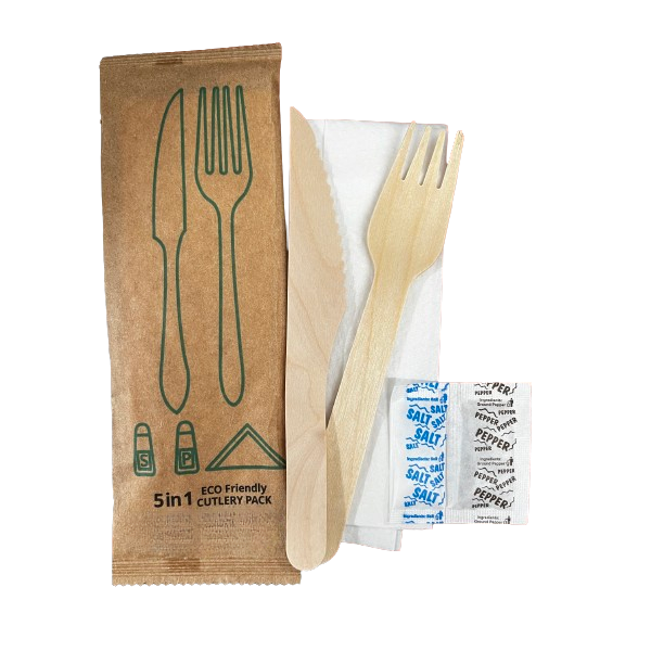 5-in-1 Eco Friendly Wooden Cutlery Set (Pack of 100's) Paper Outerwrap