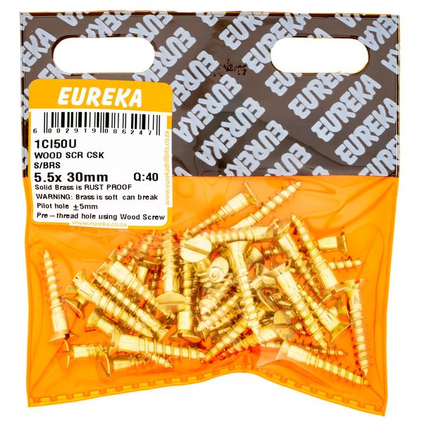 EUREKA Wood Screw Countersunk Solid Brass 5.5 x 30mm Q:40 1CI50U