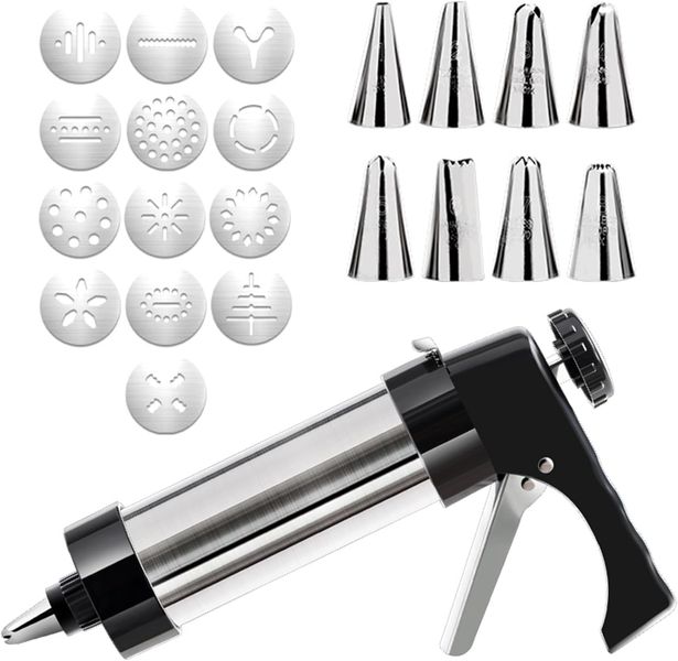 Stainless Steel Spritz Cookie Press Set - 13 Cookie Discs and 8 Piping Tips