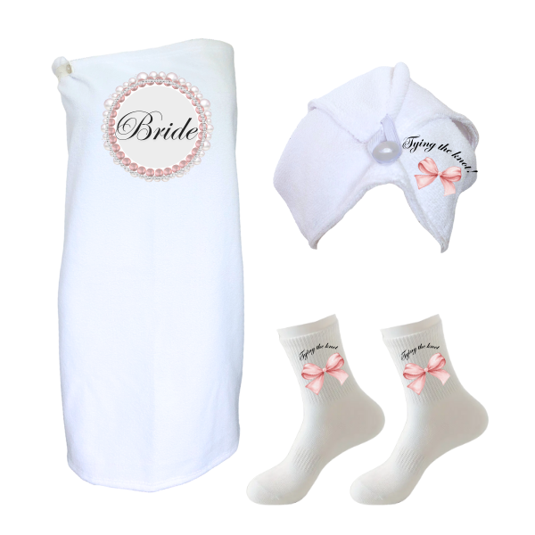Bride/Wedding Gift-Wrap, Hair Towel, &amp; Non-Slip Socks-Tie the knot