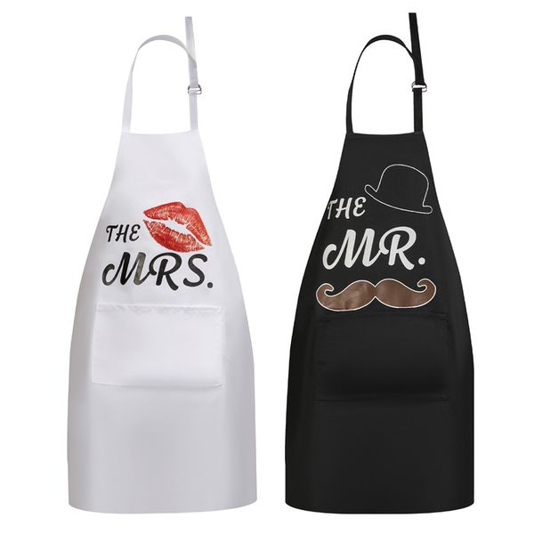 Set Of 2 Kitchen Aprons, Couple, Black/White