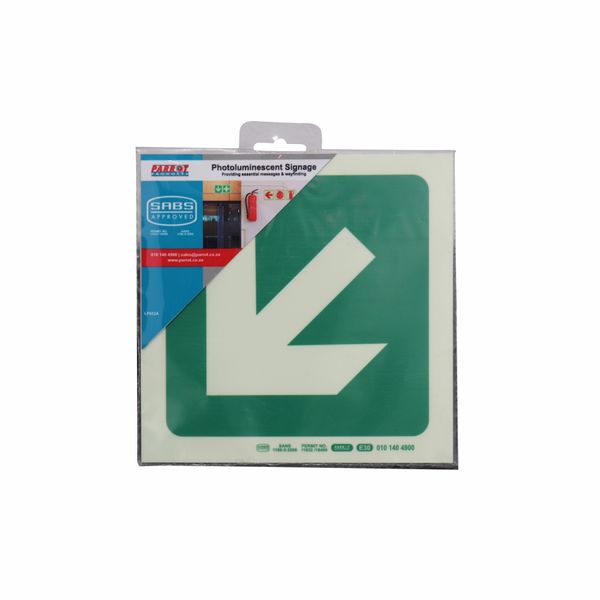 Parrot Products Photoluminescent Safety Sign-E30 Diagonal Arrow Left (19cm)