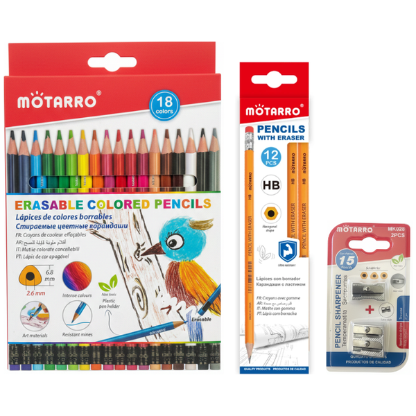 Motarro Pencil Set - 18 Erasable Colour Pencils, 12 Pencils &amp; 2 Sharpeners
