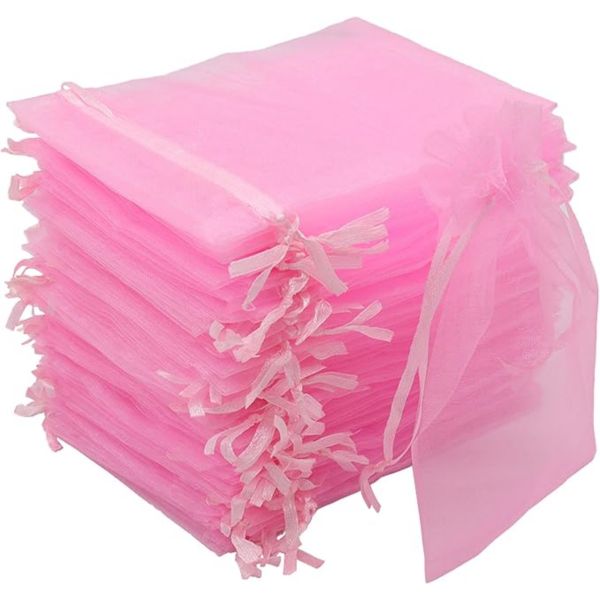 100PCS 13x18cm Organza Bags, Candy Bags, Sheer Drawstring Mesh Bags - Pink