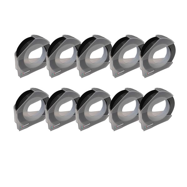 INKWAREHOUE Compatible Dymo Embossing tape 9mmx3m White on Black Tape X 10