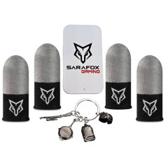 Sarafox V8 - Silver Fibre Gaming Finger Sleeves, Metal Case &amp; PUBG Keychain