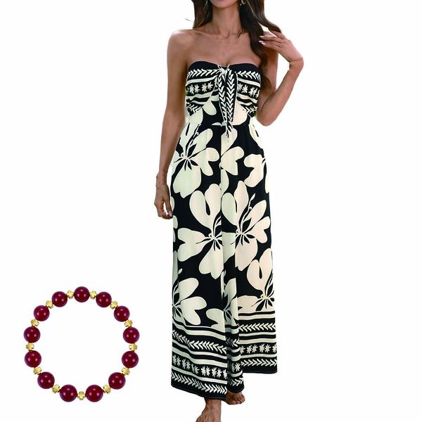 Flower-Print Lace-Up Bustier With Backless Jumpsuit And Bracelet