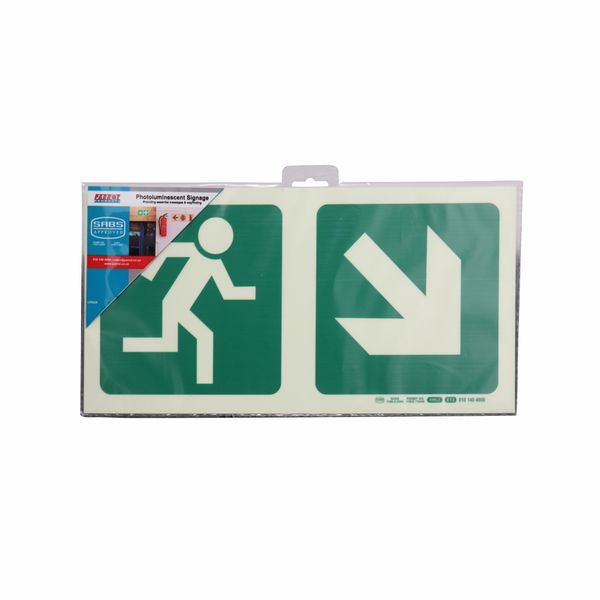 Photoluminescent Safety Sign - E13 190mm (Run Man+Diag Arrow Down&amp;Right)