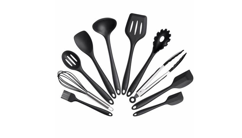 10-Piece Silicone Kitchen Cooking Utensils Set, Black.