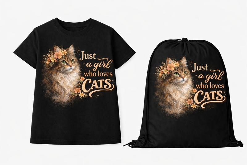 Cats - Just A Girl who Loves Cats Kids Black T-shirt &amp; Drawstring Bag