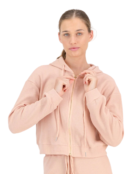 Waffled Loungewear Cropped Knitted Zip Up-Hoodie -Blush -Comfort,Breathable