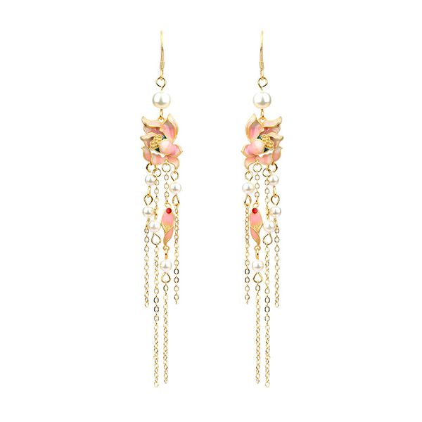 Handmade Enamel Floral Tassel Pearl Earrings - 925 Silver