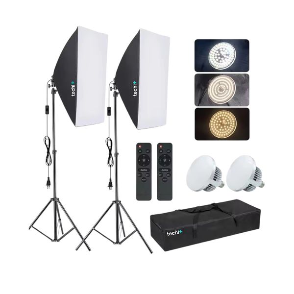 LED Softbox Studio Lighting Kit - 2 x Lights + Remotes, 3 Color Modes