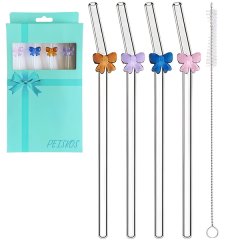 PEISKOS 4Pcs Butterfly Bow Flower Cute Reusable Glass Straws with 1 Brush