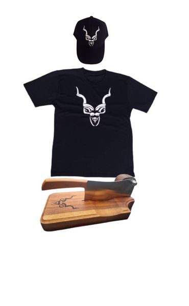 Father's Day - Male Birthday - Kiaat Biltong Cutter, Kudu T-Shirt Cap Gift Set