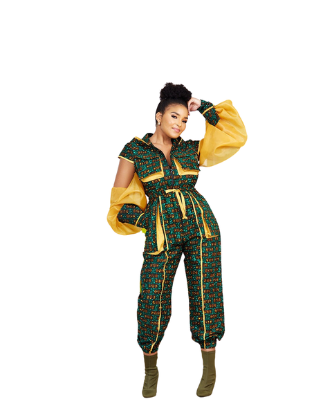 Selphies Hoodie Loose Fit Green/Mustard 5 Piece African Print Jumpsuit