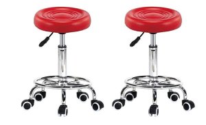 PU Leather Round Rolling Stool with Foot Rest Swivel Height Adjustment