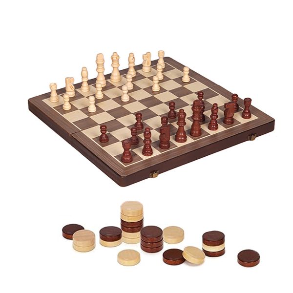 Magnetic Chess Set and Checkers Game Wooden Folding Chess Board- 2 in 1