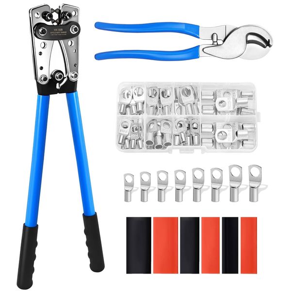 Battery Cable Lug Wire Crimper Kit Crimp Plier with Terminals &amp; Heat Shrink