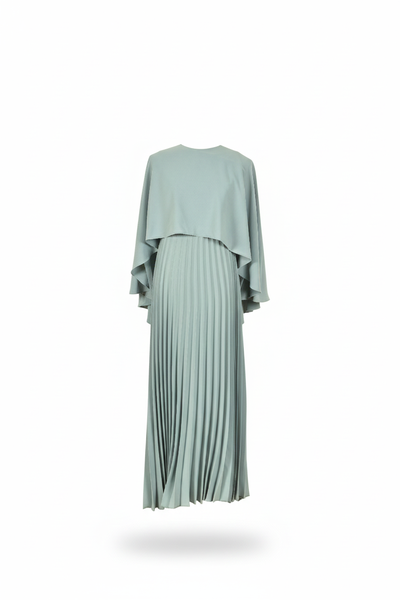Sophisticated Grey Pleated Maxi Dress with Slitted Cape Detail by Amiiraa