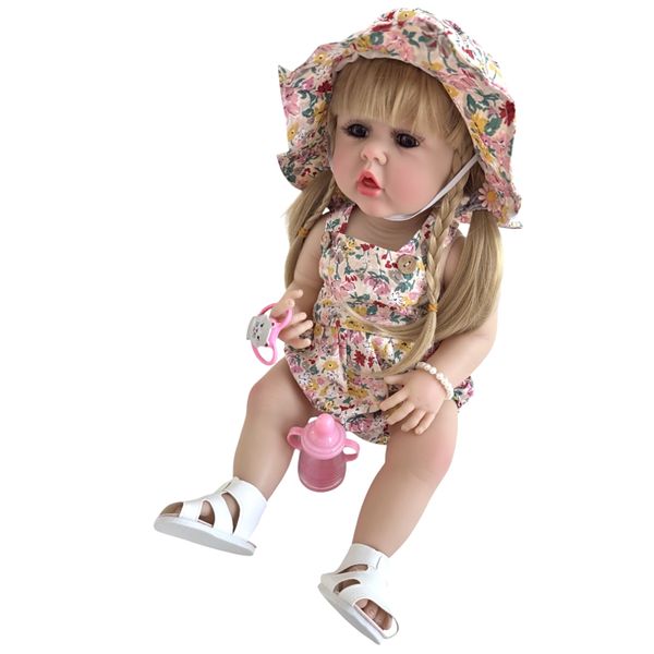 Silicone Doll Blonde Girl in Pink Floral Jumper 55cm