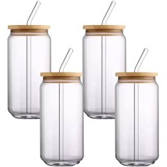 Set Of 4 Drinking Glasses With Bamboo Lid And Glass Straw