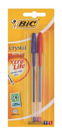 BIC Crystal Medium Xtra Life Ballpoint Pens - Blue &amp; Red (Blister of 2)