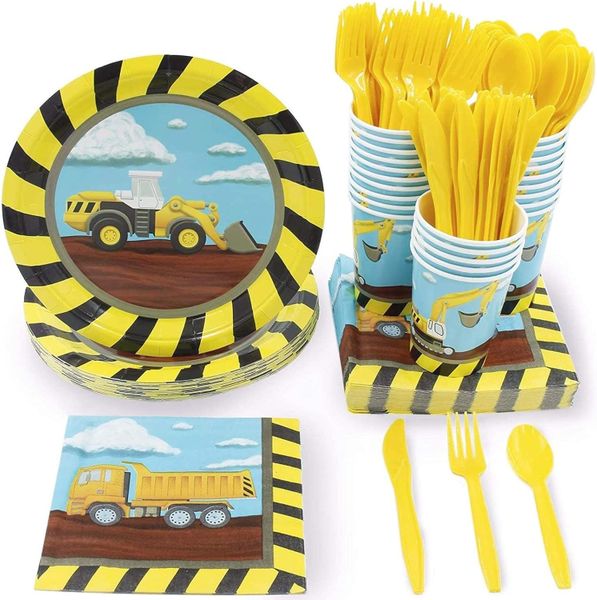 Topika - 144pcs Party Plates &amp; Paper Set Firetruck Themed for Boy, Serve 24