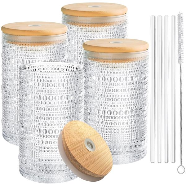 4 Pack Vintage Hobnail Drinking Glasses With Bamboo Lid &amp; Glass Straw-500ml