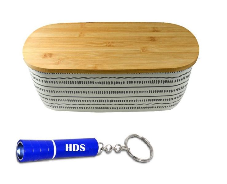 2 in 1 Bamboo Bread Bin and Board - White and Black Stripe with HDS Torch