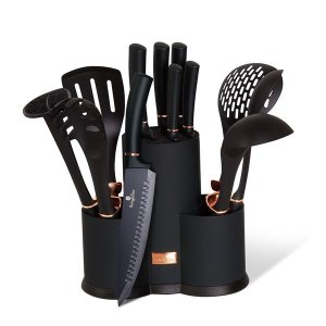 Berlinger Haus 12 Piece Knife Set with Stand and Kitchen Tools - Black Rose
