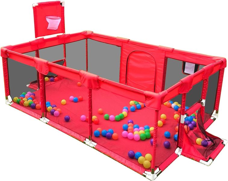 Baby Playpen Safety Barrier, Kids Playyard Basketball Hoop and Football Net