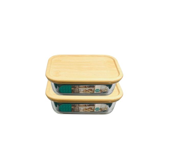 370ml Glass Food Storage Container with Bamboo Lid - Set of 2