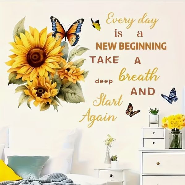 Start Fresh Every Day - Butterflies and Sunflower Quote Wall Decal
