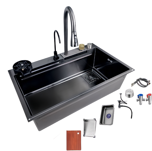 Kitchen Sink with Waterfall Faucet Cup Cleaner Side Drain Stainless Steel