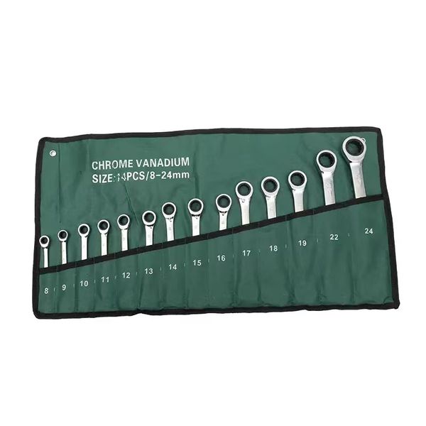 14-Piece Cr-V Steel Combo Wrench Set 8-24mm with Storage Pouch