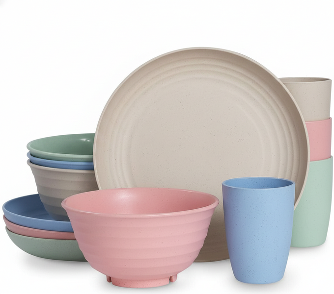12-piece Bright Colored Wheat Straw Dinnerware Set for 4