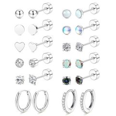 Stainless Flat Back Earrings for Women, Stud Hoop Cartilage Jewellery Set