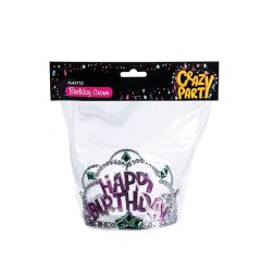 Crown - Happy Birthday - Plastic - Silver, Green &amp; Purple - 8 Pack