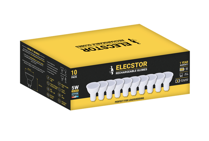 Elecstor 5W GU10 Rechargeable Globe 600mah Cool White 10 PACK