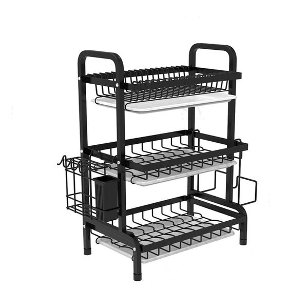 3 Tier Stainless Steel Dish Drying Rack With Utensil Holder - Black