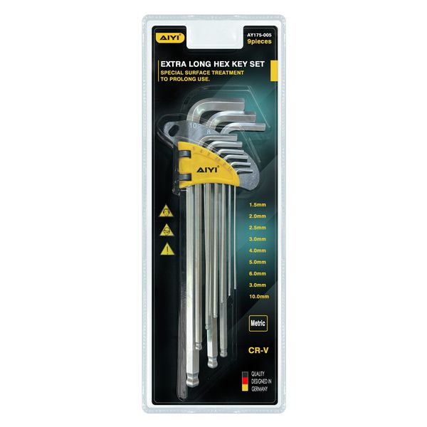 AIYI 9-Piece Extra Long Ball-End Allen Key (Hex Key) Set AY175-005