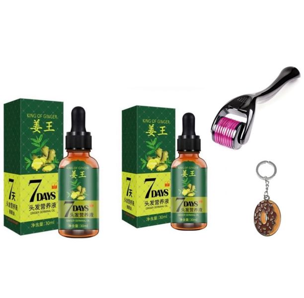 Ginger Hair Loss 7 Day Oil - 30ml x 2, Derma Roller &amp; Fancy Keyring