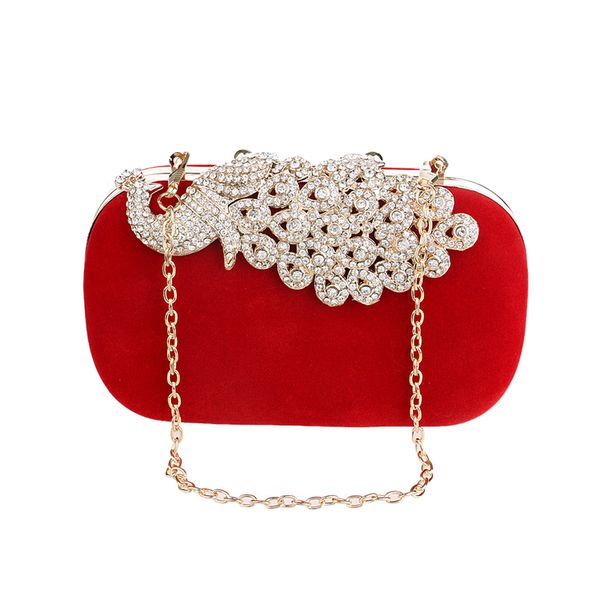 Women Evening Clutch Bag Rhinestone Peacock Wedding Bridal Purse-Red