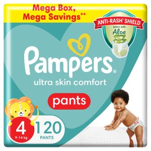 Pampers Anti-Rash Shield Pants Size 4 (9-14kg) 120 Nappies,Lotion with Aloe