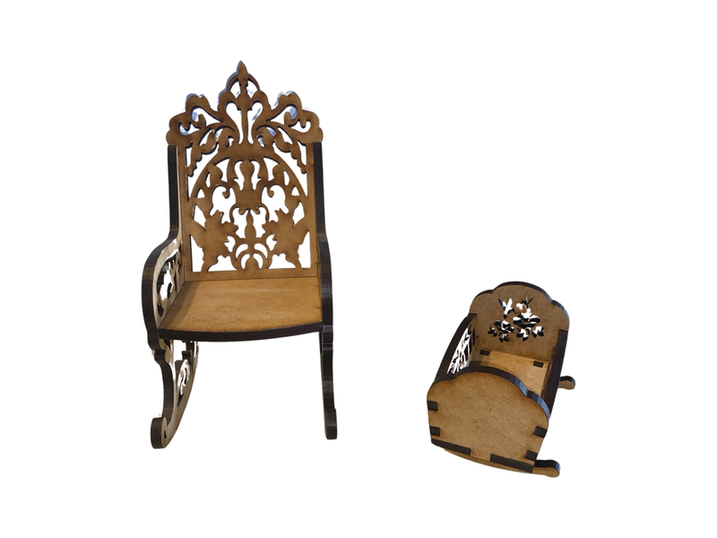 Wooden Doll House Furniture Barbie - Rocking Chair &amp; Rocking Baby Cot