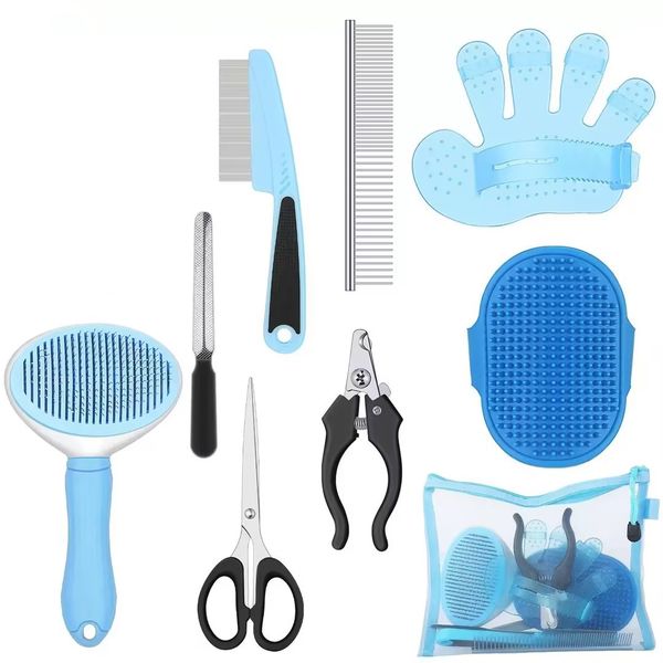 Deluxe 9-Piece Pet Grooming Kit - Blue &amp; Black Set for Dogs &amp; Cats