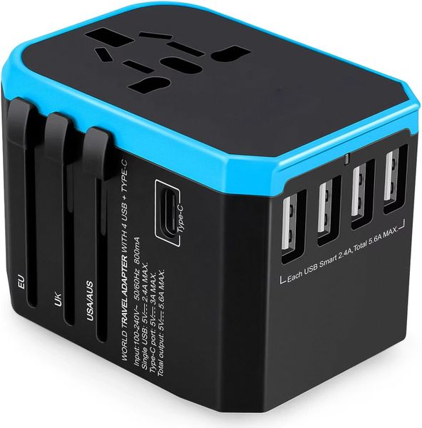 Plug Adapter - Universal Travel Adapter with USB-C &amp; 4 USB Ports - Blue