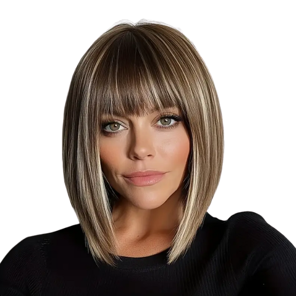 14-Inch Sleek Bob Wig with Bangs (Brown with Blonde Highlights)